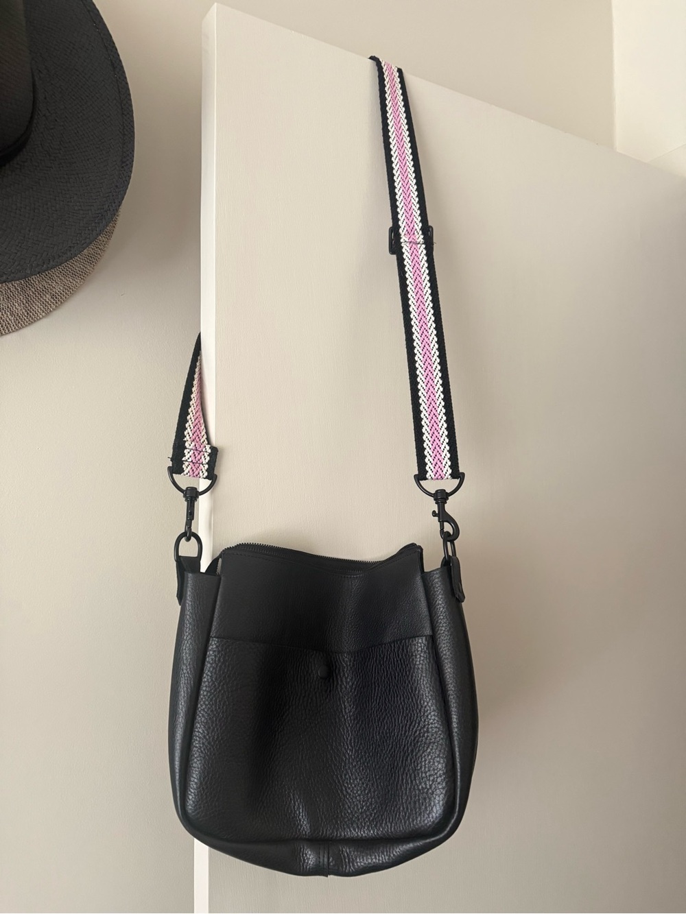 Handmade Black Leather Crossbody Bag with Pink Accent Strap